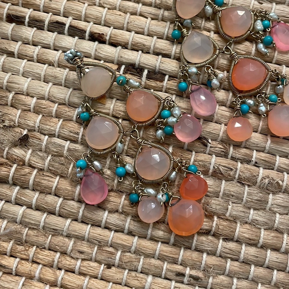 Vintage handmade dangle earrings - new backs provided - pink and turquoise